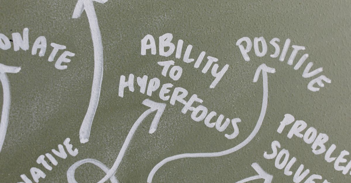 Mind map on chalkboard highlighting positive traits like hyperfocus, creativity, and problem-solving.